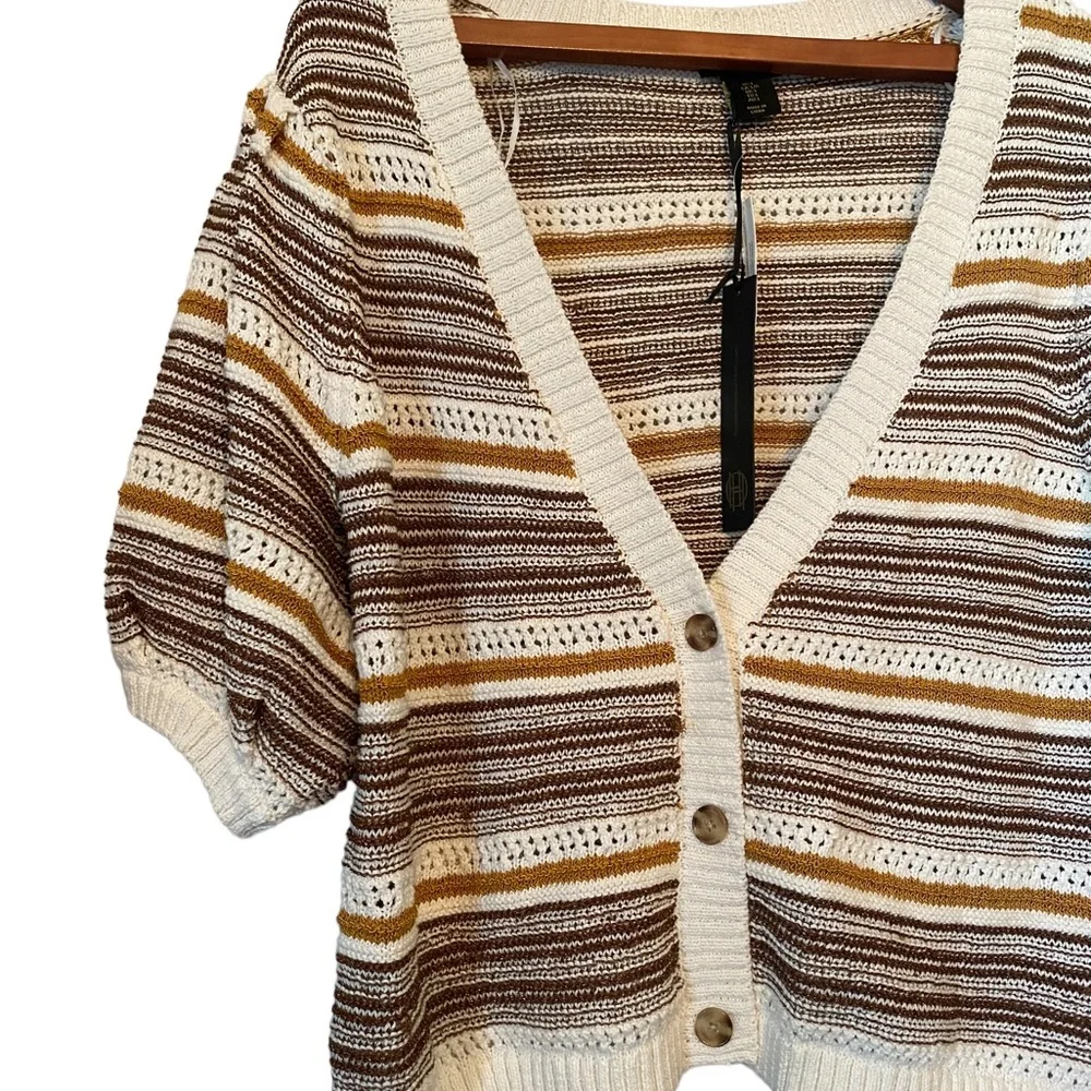 House of Harlow 1960 Puff Sleeve Cropped Neutral Striped Knit Cardigan Sโฆ - Picture 2 of 16